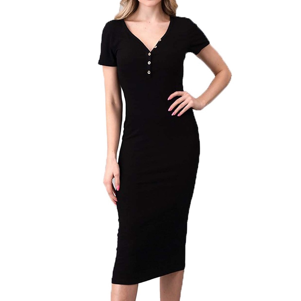 Henley V-Neck Button Front Short Sleeve Casual Midi Dress - Black | Small